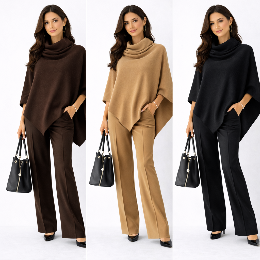 Conjunto Elegance Flow- Capa Asimétrica con Cuello Drapeado y Pantalón Palazzo