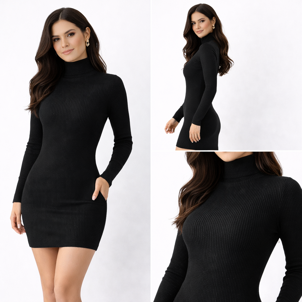 Vestido Noir Sculpt - Punto Ajustado de Cuello Alto